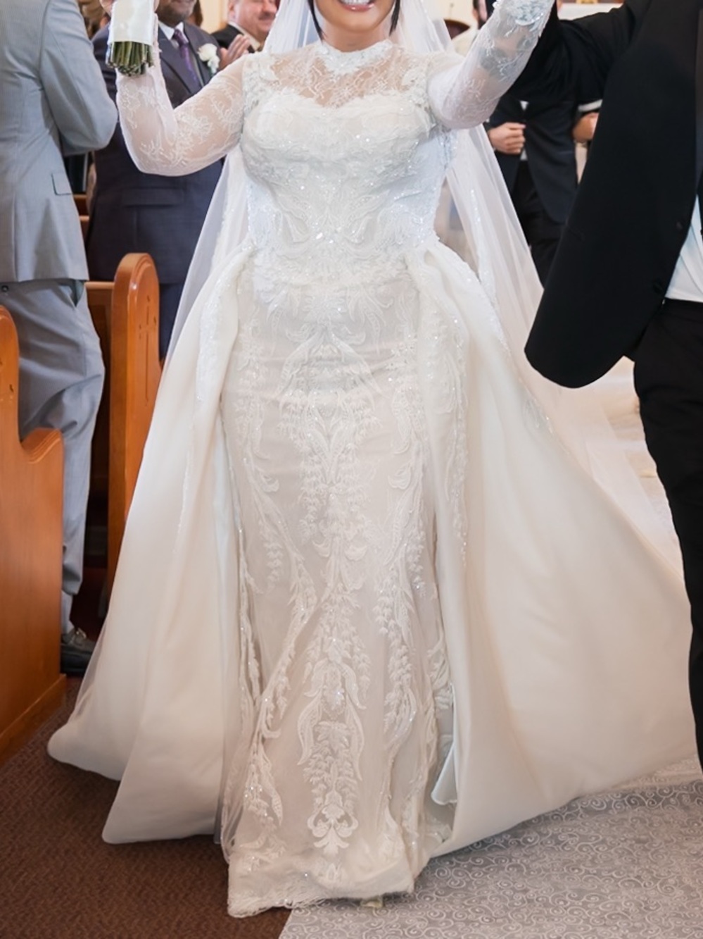 Custom Made Ivory Lace Bridal Gown with Sheer Veil and Detachable skirt